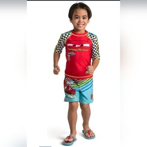 Disney Cars Lightning McQueen Rash Guard Swim Top for Boys Size 4 EUC Red Black